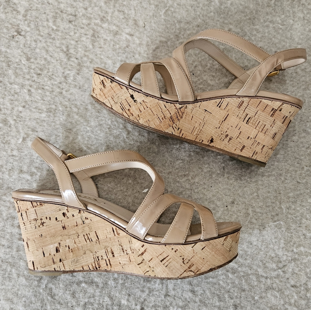 Prada Calzature Donna Nude Patent Leather Cork Wedges Tan Size 38